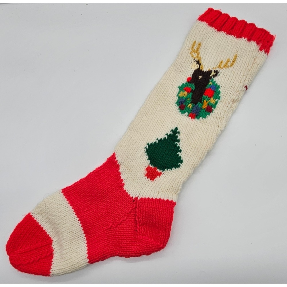 Vintage Hand Knit Christmas Stocking Reindeer Wreath Tree Red Cream Wool Blend